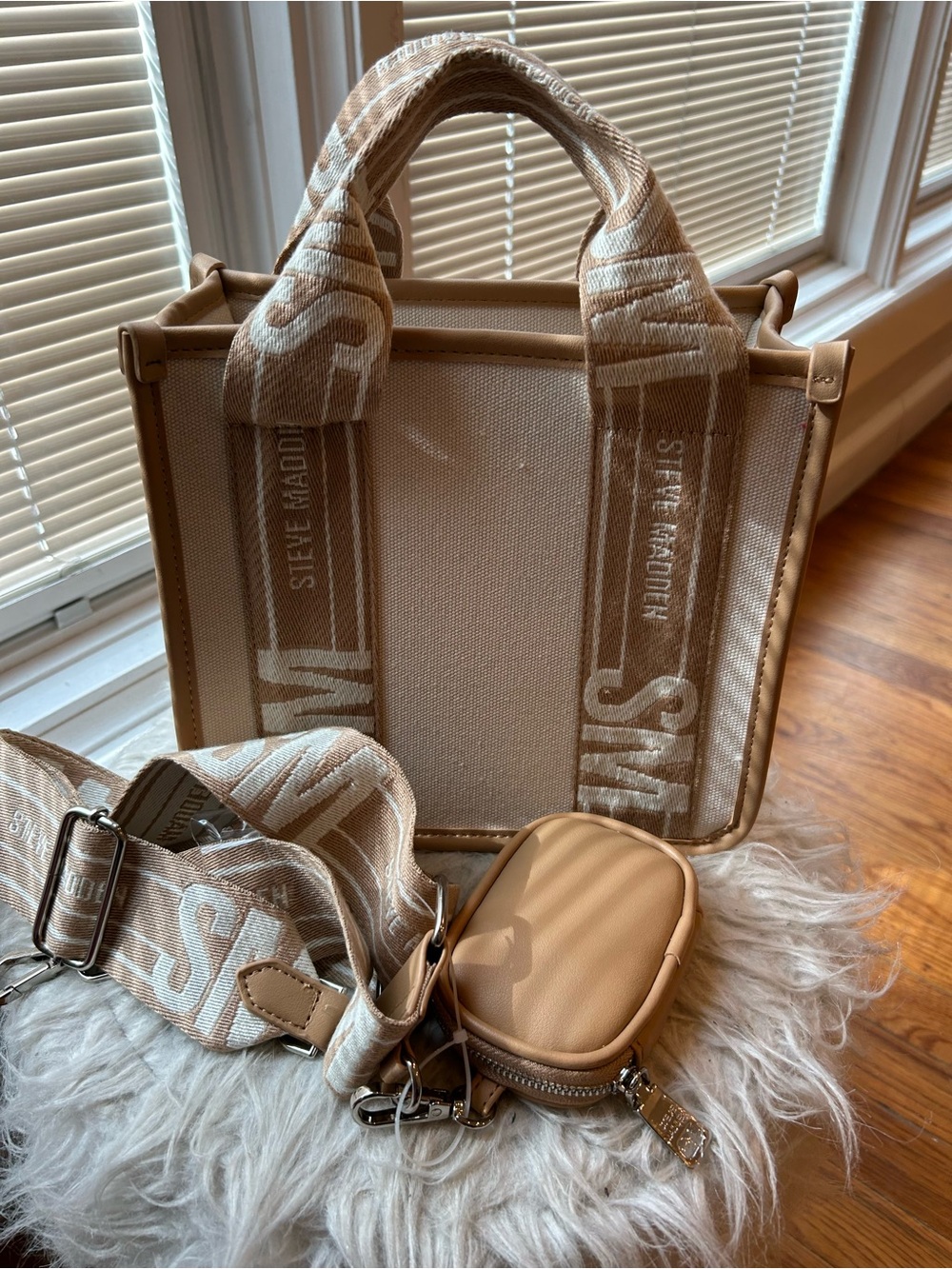 Steve Madden Beige Canvas Messenger Bag with Logo Strap and Pouch